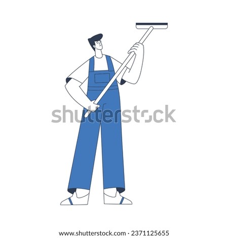 Cleaning Service with Professional Man Worker Character Standing with Scrubber Vector Illustration