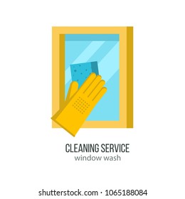 Cleaning service. Professional window cleaning. Hand in rubber glove with sponge washes the window.  Flat vector illustration, emblem. Isolated on white background.