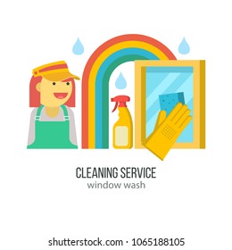 Cleaning service. Professional window cleaning. Hand in rubber glove with sponge washes the window.  Flat vector illustration, emblem. Isolated on white background.