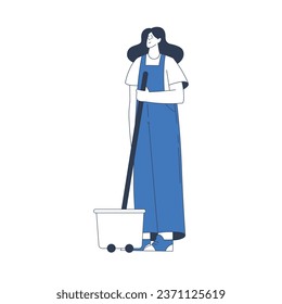 Cleaning Service with Professional Woman Worker Character Standing with Mop and Bucket Vector Illustration
