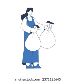 Cleaning Service with Professional Woman Worker Character Standing with Garbage Sack Vector Illustration
