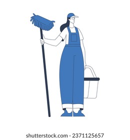 Cleaning Service with Professional Woman Worker Character Standing with Mop Vector Illustration