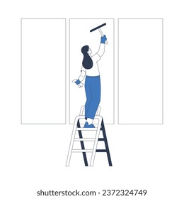 Cleaning Service with Professional Woman Worker Character Scrub Window Vector Illustration