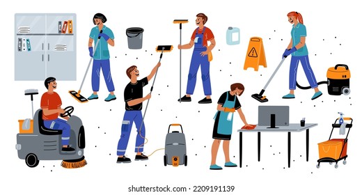 Cleaning service. Professional workers clean office. Cleaner character with equipment. People mopping or vacuuming. Housekeeping specialists. Cleanup staff in uniform