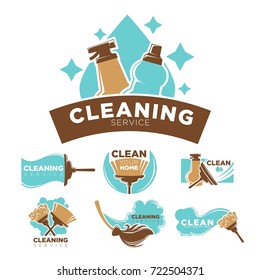 Cleaning service promotional emblems set with cleaners and equipment