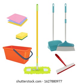 Cleaning service. Realistic equipment for laundry home floor brush bucket broom sterile bathroom cleaner vector set