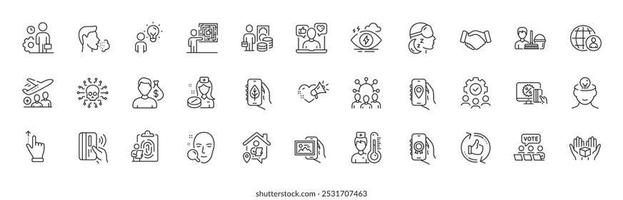 Serviço de limpeza, Atualizar como e ícones de linha de pesquisa de rosto. Pacote de saúde mental, votação online, ícone Handshake. Trabalho em equipe, Álbum de imagens, Pictograma do esquadrão. Insônia, ataque cibernético, pessoas do grupo. Vetor