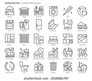 Cleaning service related, pixel perfect, editable stroke, up scalable square line vector icon set. 