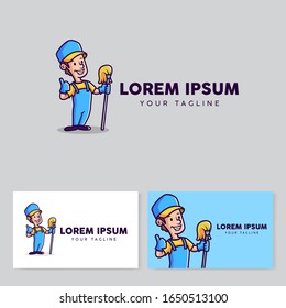 Cleaning service retro style mascot cartoon logo, vector illustration, business card template