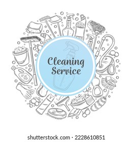 Cleaning service, round design template with line icons vector illustration. Cleaning service text in blue circle frame with hand drawn outline detergent, housekeeping tools and maids equipment around