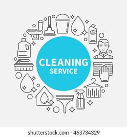Cleaning service round design template. Vector linear house cleaning symbol or sign