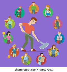 Cleaning service round icon set. Man and woman with equipment and detergent. Professional staff characters