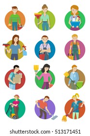 Cleaning service round icon set. Man and woman with equipment and detergent. Professional staff characters