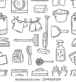 Cleaning service seamless pattern. Black outline doodle elements laundry and clean. Simple print for fabric wrapping wallpaper, neoteric vector background