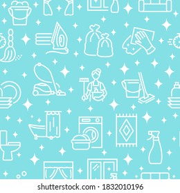 Cleaning service seamless pattern with flat line white icon on a turquoise background