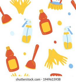 Cleaning service seamless pattern. Funny cartoon pattern of cleaning tools. Eco friendly household cleaning supplies. Products for house washing. Good design for backdrop, brochure, label, package.