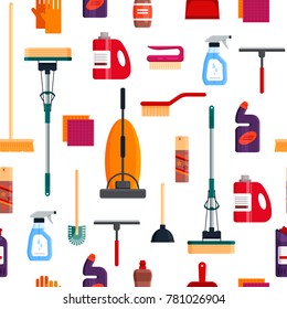 Cleaning service seamless pattern, house cleaning tools on white background. Detergent and disinfectant products, household equipment for washing - flat vector illustration