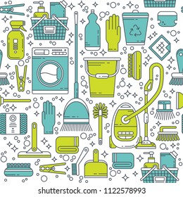 Cleaning service seamless pattern. Template with line icons symbols of house cleaning tools, household equipment. Ideal background for packaging. Clean, minimalistic concept for cleaning company.