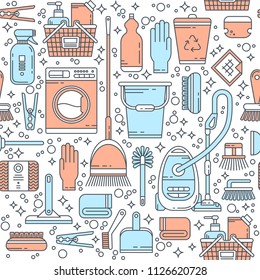 Cleaning service seamless pattern. Template with line icons symbols of house cleaning tools, household equipment. Ideal background for packaging. Clean, minimalistic concept for cleaning company.