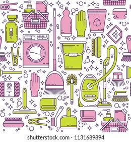 Cleaning service seamless pattern. Template with line icons symbols of house cleaning tools, household equipment. Ideal background for packaging. Clean, minimalistic concept for cleaning company.