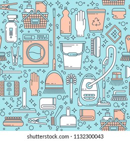Cleaning service seamless pattern. Template with line icons symbols of house cleaning tools, household equipment. Ideal background for packaging. Clean, minimalistic concept for cleaning company.