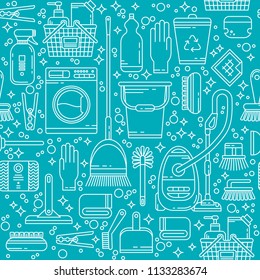 Cleaning service seamless pattern. Template with line icons symbols of house cleaning tools, household equipment. Ideal background for packaging. Clean, minimalistic concept for cleaning company.