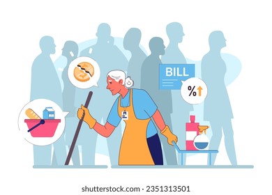 Cleaning service senior worker. Retired woman working as a janitor, mopping office floor. Elderly character keep working after retirement. Pensioner money shortage idea. Flat vector illustration