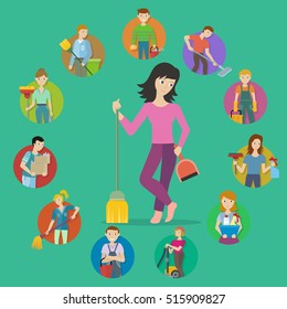 Cleaning service. Set of avatar userpics of male and female members of cleaning service staff with equipment. Workers of cleaning company. Housekeeping banner. Office and hotel cleaning. Vector