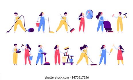 Cleaning service set. Collection of woman in uniform doing housework. Professional occupation. Janitor washing floor. Isolated vector illustration in cartoon style