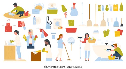 Cleaning service set with equipment and working people in apron and gloves. Cartoon collection for domestic housework, sponge and soap with detergent, maid tools isolated on white. Cleanliness concept