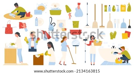 Cleaning service set with equipment and working people in apron and gloves. Cartoon collection for domestic housework, sponge and soap with detergent, maid tools isolated on white. Cleanliness concept