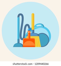 Cleaning service. Set house cleaning tools with vacuum cleaner, wooden broom, red scoop . Household equipment for mopping . Stock flat vector illustration.