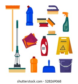 Cleaning service. Set house  tools icons logo isolated on white background, flat vector illustration, household equipment