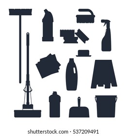 Cleaning service. Set house tools icons logo black silhouette isolated on white background, flat vector illustration, household equipment.