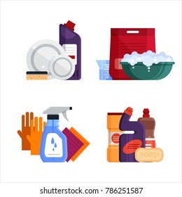 Cleaning service. Set house cleaning tools isolated on white background. Detergent and disinfectant products for dishwashing, laundry, washing windows and toilet cleaning, baths, household equipment -