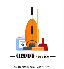 Cleaning service. Set house cleaning tools with vacuum cleaner, wooden broom, red scoop isolated on white background. Household equipment for mopping - flat vector illustration