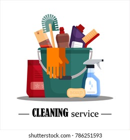 Cleaning service. Set house cleaning tools in bucket isolated on white background. Detergent and disinfectant products, household equipment - flat vector illustration