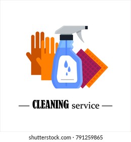 Cleaning service. Set house cleaning tools isolated on white background. Detergent and disinfectant products, household equipment for washing - flat vector illustration