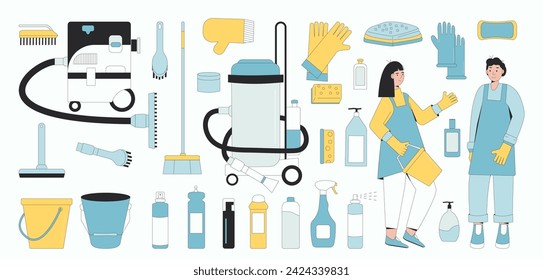 Cleaning service set isolated on white background. Housekeepers and season wash home items and equipment collection. Vacuum, gloves and brushes with bottles for cleanup. Vector flat illustration.