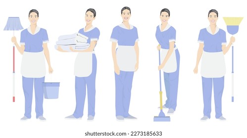 Cleaning service set. maids with equipment vector illustration.