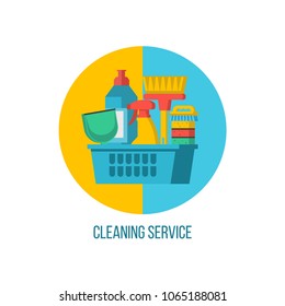 Cleaning service. Set of cleaning products in a plastic basket. Flat vector illustration, emblem. Isolated on white background.
