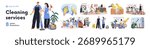 Cleaning service set. Professional cleaners in uniform with mop, brush, vacuum cleaner, equipment during office and commercial cleanup. Workers, janitors teams at work. Flat vector illustration