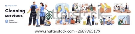 Cleaning service set. Professional cleaners in uniform with mop, brush, vacuum cleaner, equipment during office and commercial cleanup. Workers, janitors teams at work. Flat vector illustration