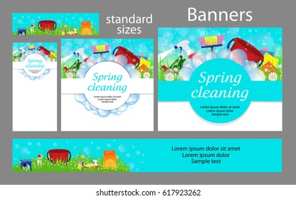 Cleaning service. Set spring banners for the website. Templates standard size. Vector illustration.