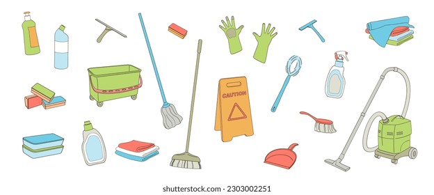 Cleaning service set tools and elements , outline color vector illustration