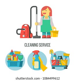 Cleaning service. Set of vector icons. Professional cleaning lady with a bucket and a vacuum cleaner.