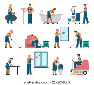 Cleaning service set vector isolated. Collection of people in uniform doing professional cleaning. Housework, janitor washing floor, windows and mirrors. Sponge, mop and vacuum cleaner.