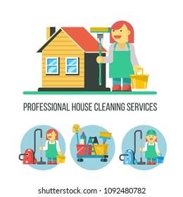 Cleaning service. A set of vector symbols. Professional cleaning lady with a MOP in his hand standing near the house. Cleaning icons set.