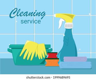 Cleaning Service Sign, Tools and Chemicals, sponge and basin