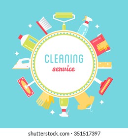 Cleaning Service Sign, Tools and Chemicals Round Background